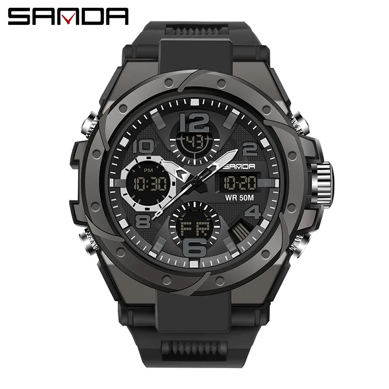 Preferred Sanda 6008 Large Black Dual Display 5ATM Waterproof 12/24 Hour LED Night Light Digital Watch Outdoor