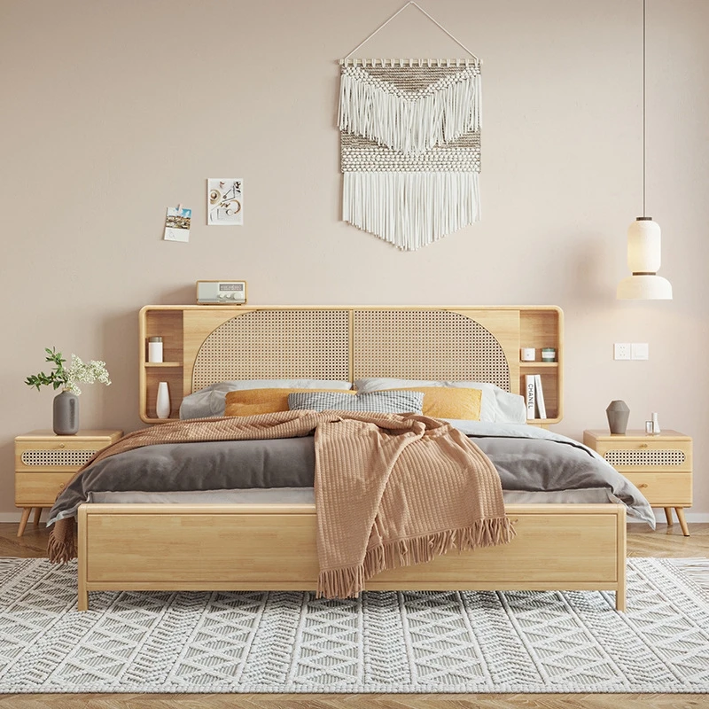Rattan solid wood bed king size double real rattan Nordic wabi-sabi style wooden bed simple bedroom furniture set