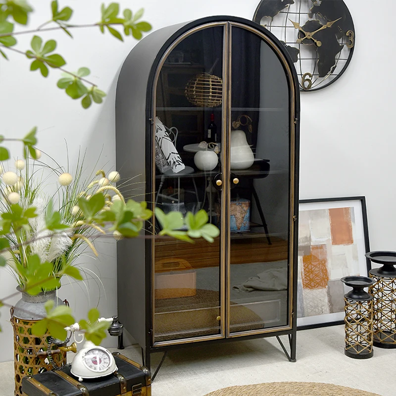 INNOVA Home Accent Vintage Industrial Living Room Storage Drawer Black Arch Tall Metal Cabinet with Shelves and Glass Doors