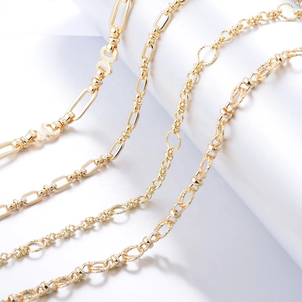 Wholesale Curb Cross Cable Chain Bulk 18K Gold Plated Brass Necklace Long and Short Heart Chain for DIY Bracelet Jewelry Making