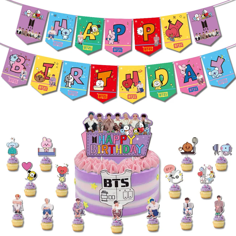 Korean Star Birthday Theme Party Decoration Cartoon Banner Cake Topper Balloon Birthday Set Male Group Party Supplies