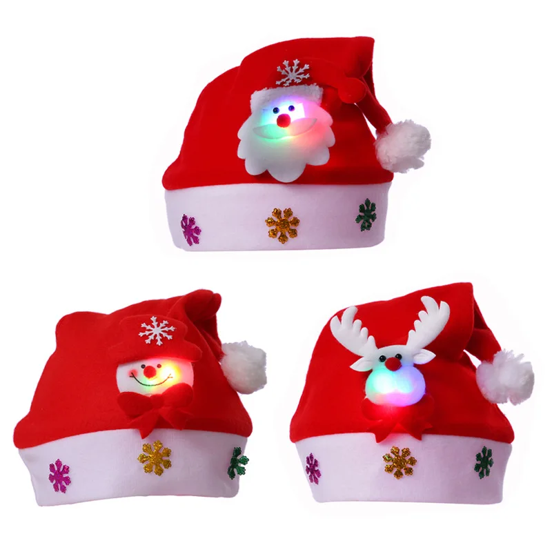Cartoon Christmas Hat Santa Claus/Elk/Snowman Xmas Cap With LED Light For Adult Kids Cap