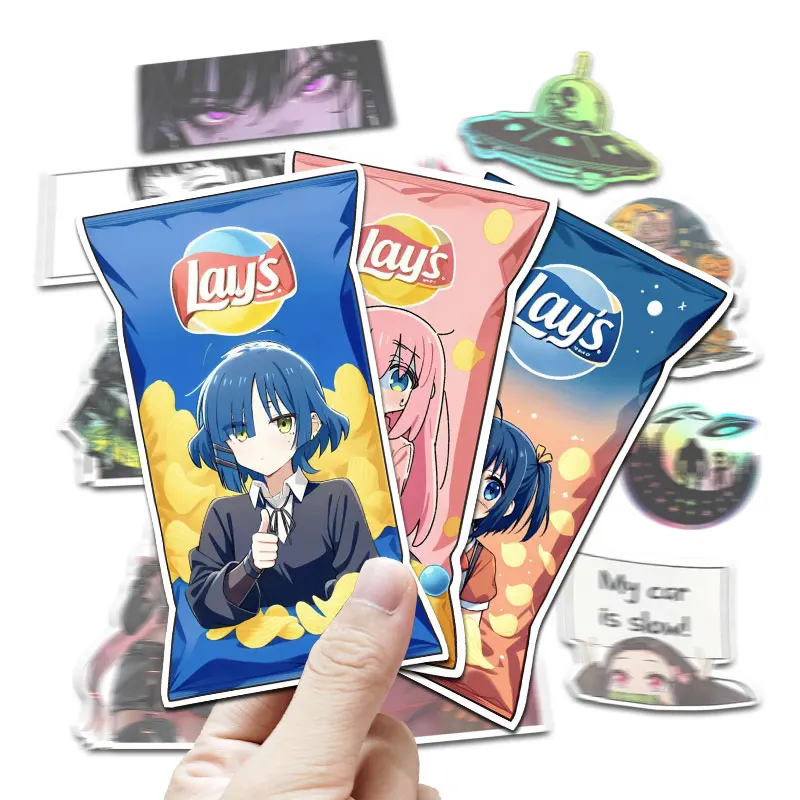 Cute Anime Girl Potato Chip Snack Bag Reflective Fun PVC Vinyl Car Window Sticker Also for Motorcycle Bumper Creative Design
