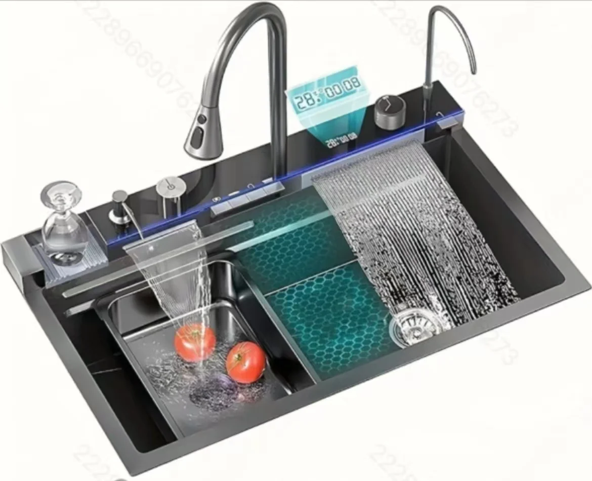 Latest Popular Luxury Multifunctional 304 Stainless Steel Kitchen Sink Modern Style Shower Waterfall Cup with Variety of Faucets