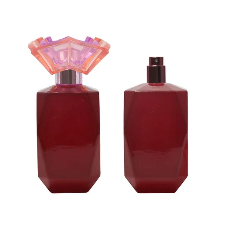 Hexagon Flower Shaped Custom Logo Wholesale 30ml 50ml 100ml Red Perfume Glass Bottles With Flower Cap