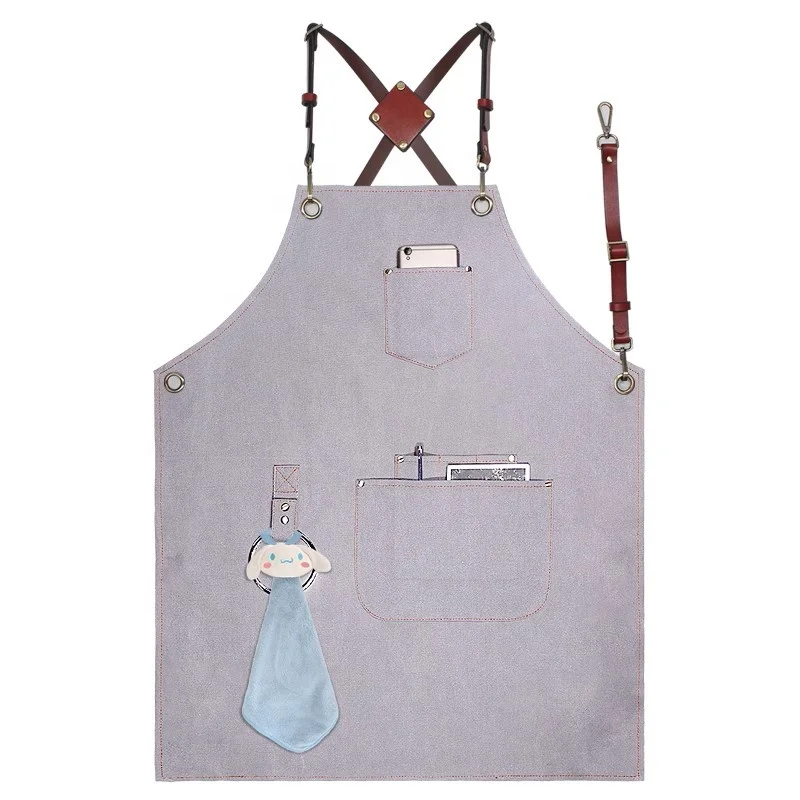 Factory Price Adjustable Cross Back PU Leather Kitchen Apron Chef Cooking Canvas Denim Webbing with Ring XL Size Cotton Material