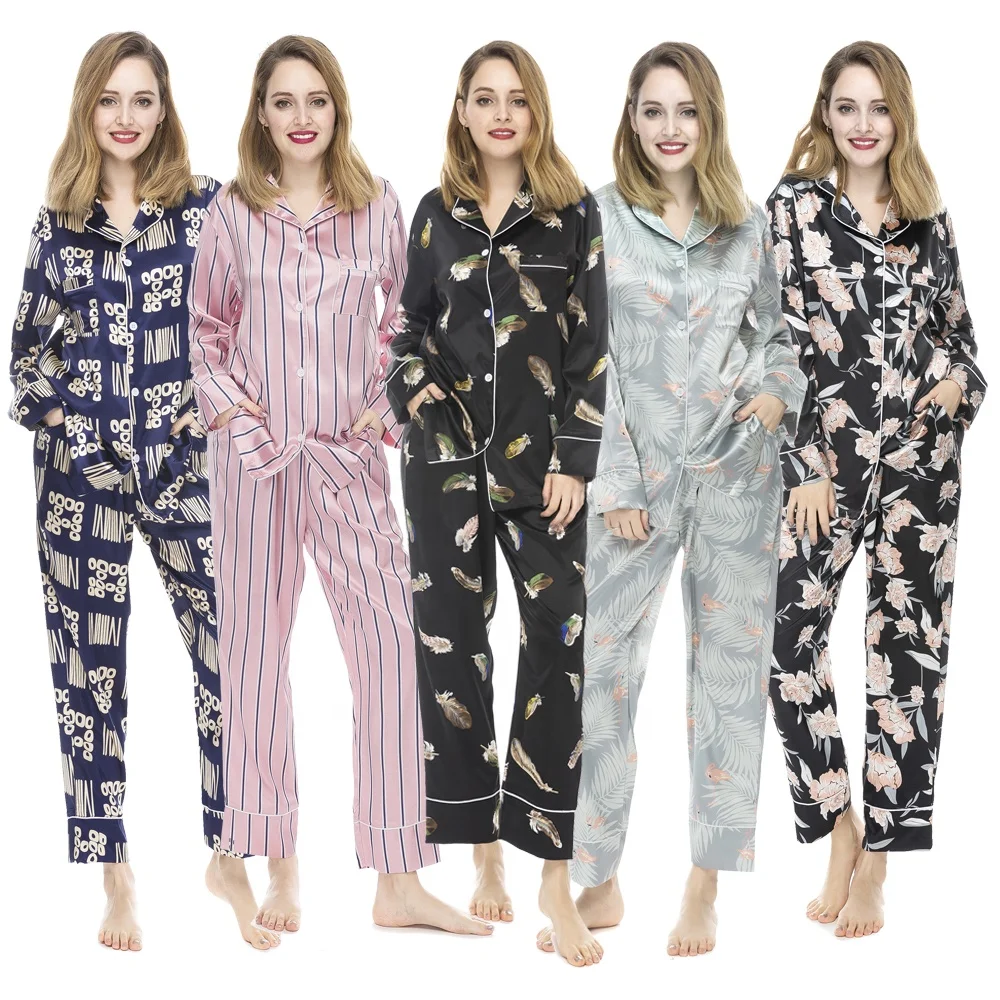 Custom Digital Printed Woman Pyjamas Suit Long Sleeve and Pants Floral Pijamas Silk Satin Women Pajamas Set