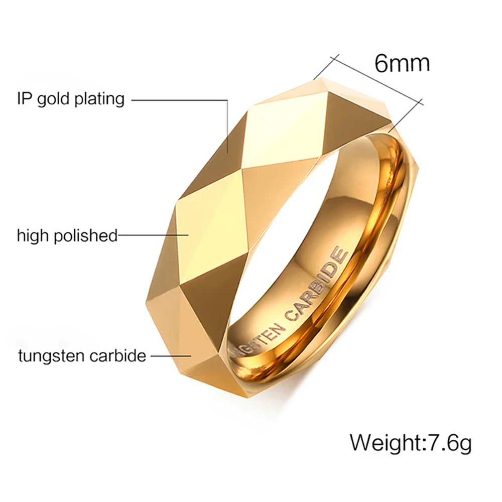 Ring New Arrival 6mm Triangle Shape Faceted Gold Mens Jewelry Tungsten Carbide Band Ring