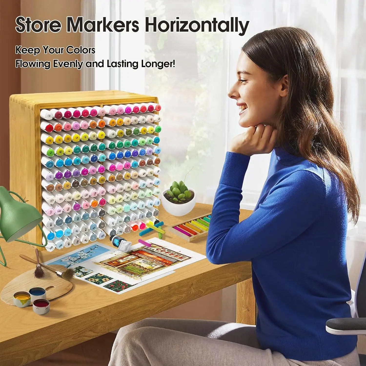 Marker Organizer for 168 Markers,Bamboo Wooden Desk Storage Organizer Rack,Markers Pens Pencils Art Brushes Storage Holder