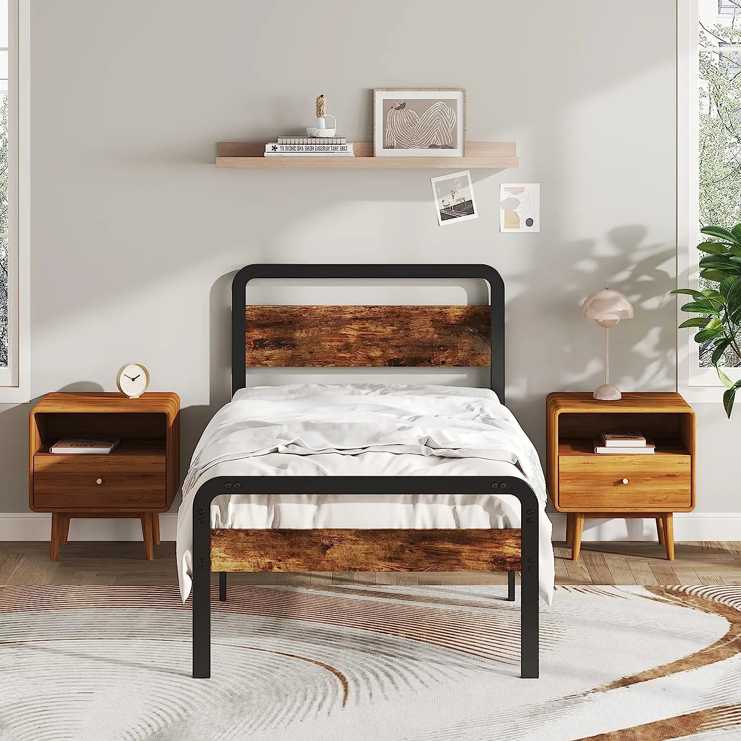 Children Twin Size Metal Bed Frame for Kids with Wood Headboard and Footboard