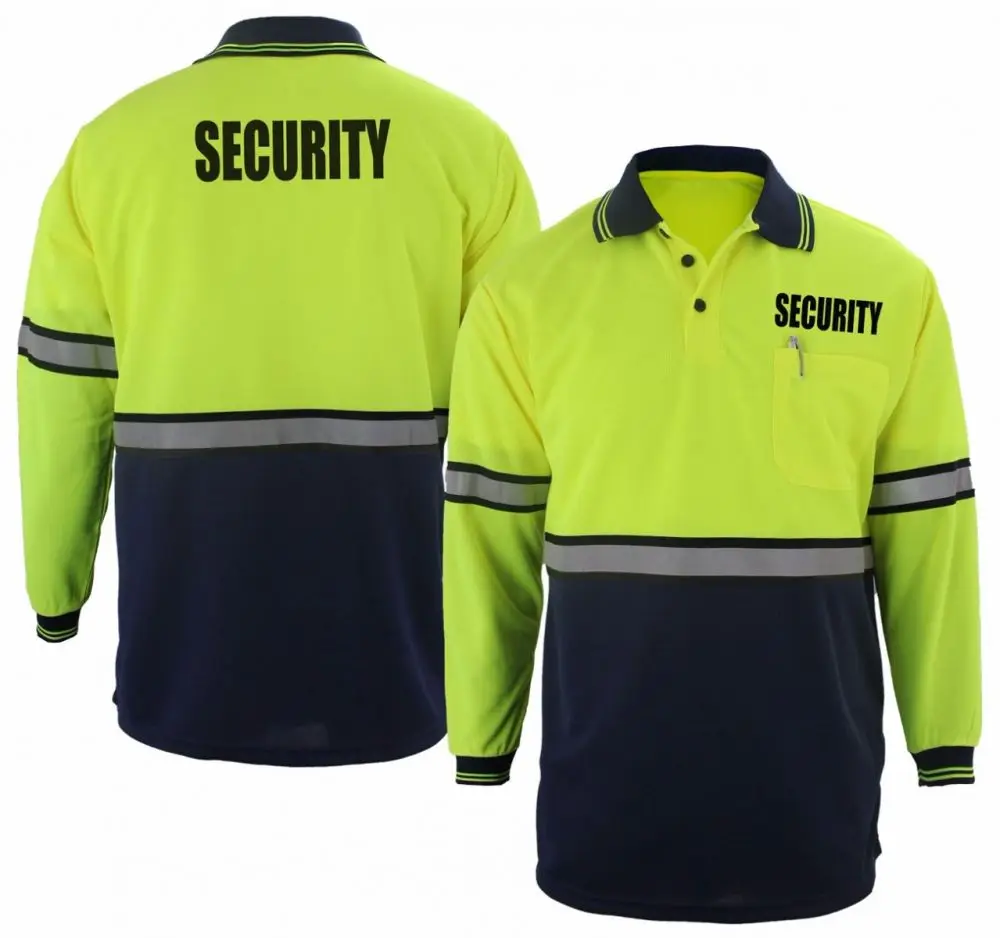 Security Staff Uniform Two Tone Polyester Polo Shirt With Reflective Stripes Long Sleeve Men Women Security Safety Polo Shirts