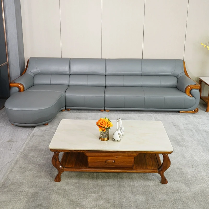 Modern Nordic Simple Design Leather Corner Sofa Set Reclining Light Luxury Solid Ebony Wood New Chinese Style Fabric Living Room