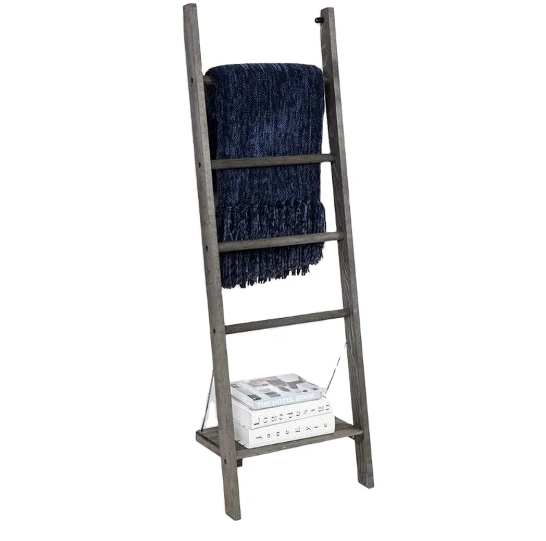 Vintage Gray Solid Wood Wall Leaning Towel or Blanket Ladder Display Rack Storage Shelf Blanket ladder Wooden towel ladder