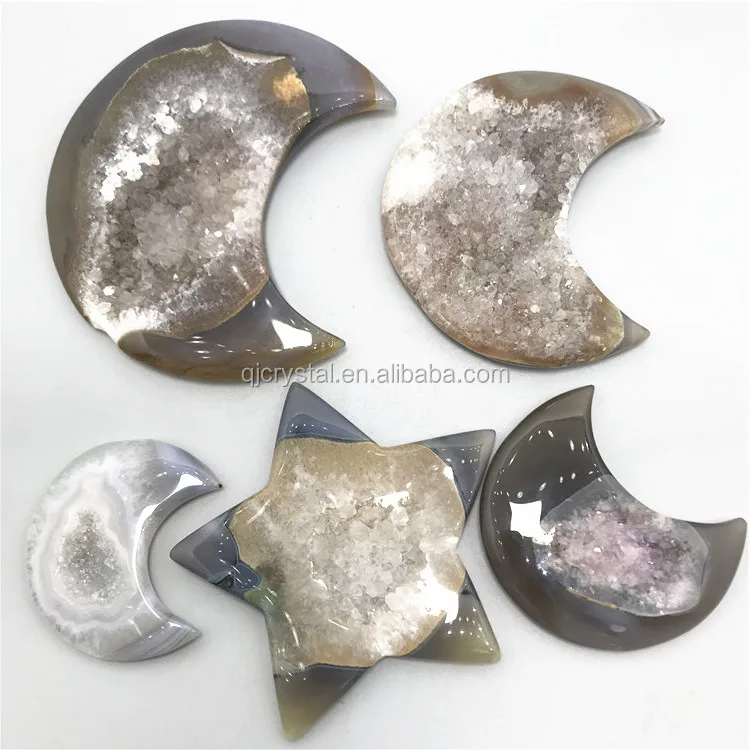 Wholesale Natural Stone Agate Moon And Star With Druzy Crystal Moon And Star Agate Carving For Home Decoration