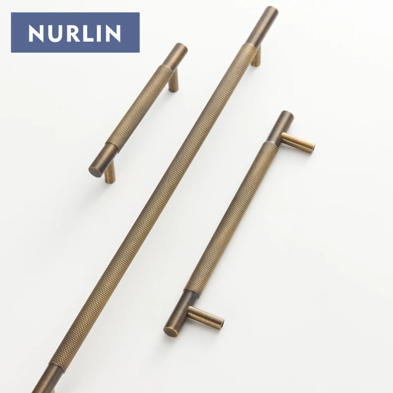 Nurlin Solid Brass Diamond-cut Cross Knurl Pattern Antique Brass Cabinet Handles Wardrobe Pull T-bar Knobs 500mm Long Available