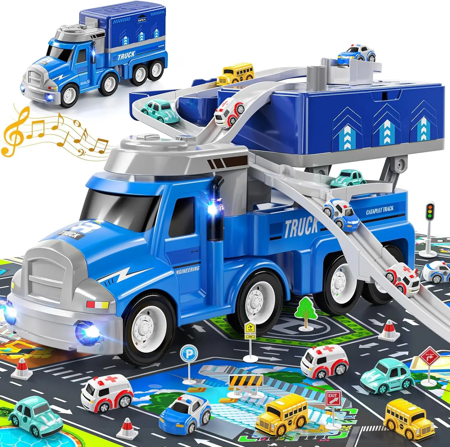 TEMI Truck Kids Toys, Car Adventure Toys With lighted music,8 Engineering Vehicles Birthday Gifts for Kids Age 3-8