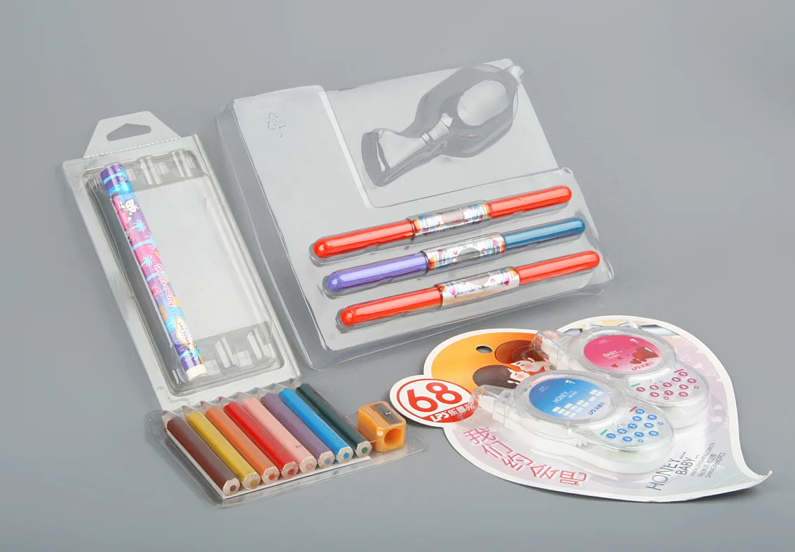 customizable blister tray plastic sliding card clamshell transparent packaging box with hanging hole for stationery