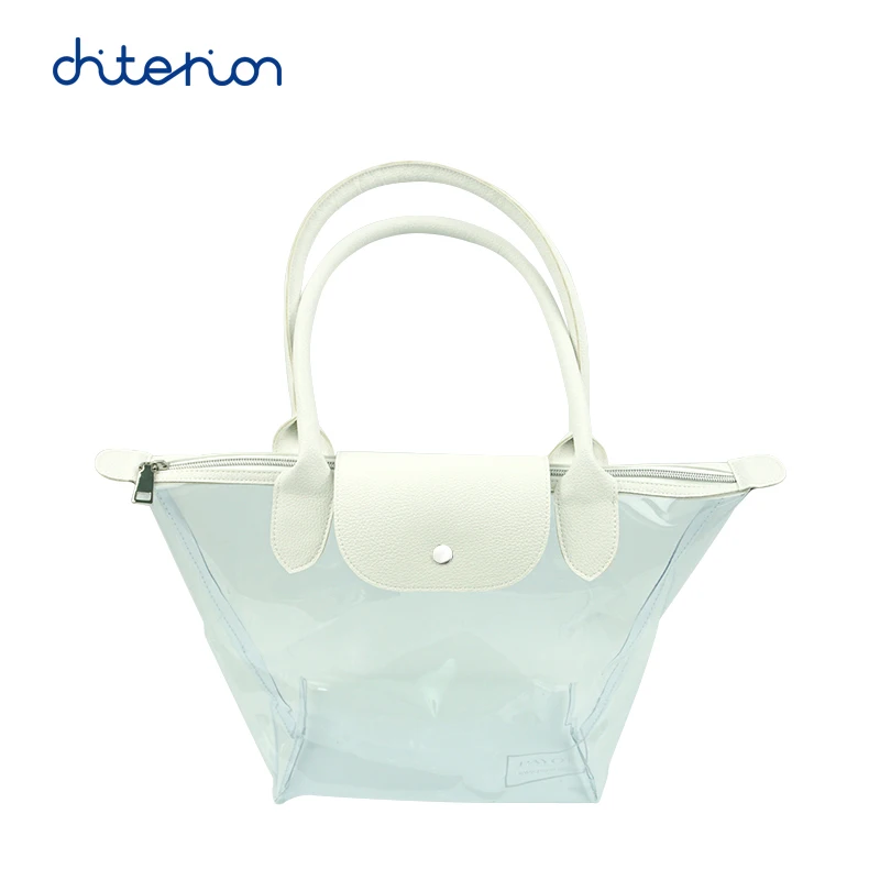 Chiterion Fashion Portable Clear PVC Tote Bag Eco-friendly Transparent Women Clutch Handbag Purse Pouch With PU Leather Handles