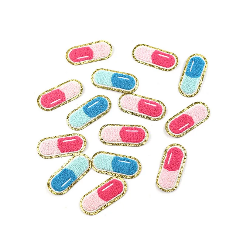 Capsule Pill Shape Iron on Patch Adhesive Chenille Towel Embroidery Patches