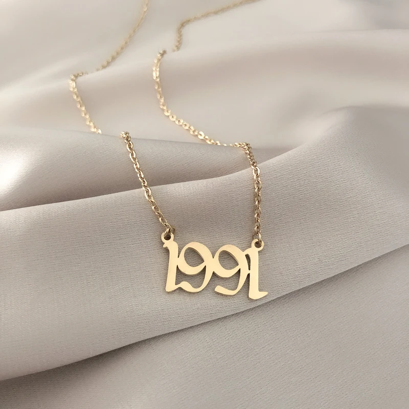 1990-2000 birth year 14K gold  Stainless Steel Chain Arabic Number charm Pendant Necklace