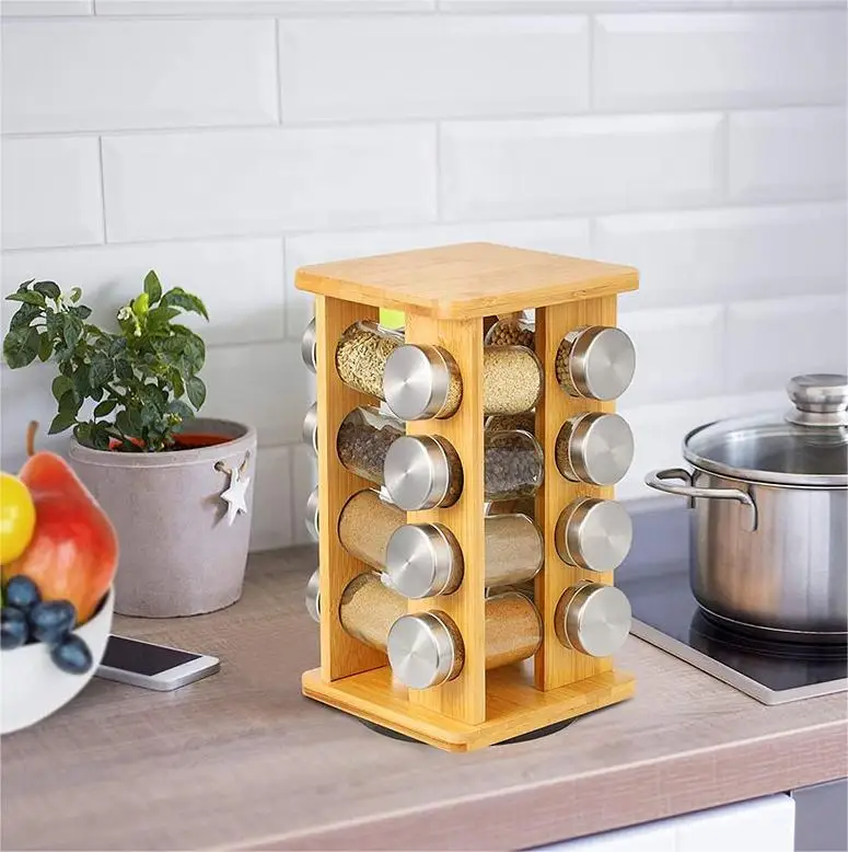 Kitchen 16 Bottle Spice Rack Rotation Spice Organizer Countertop Rack Custom Revolving Bamboo Spice Rack