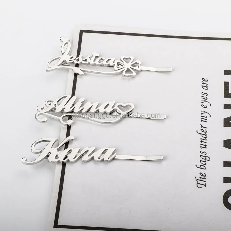 Custom name alphanumeric LOGO pattern stainless steel flat clip hairpin