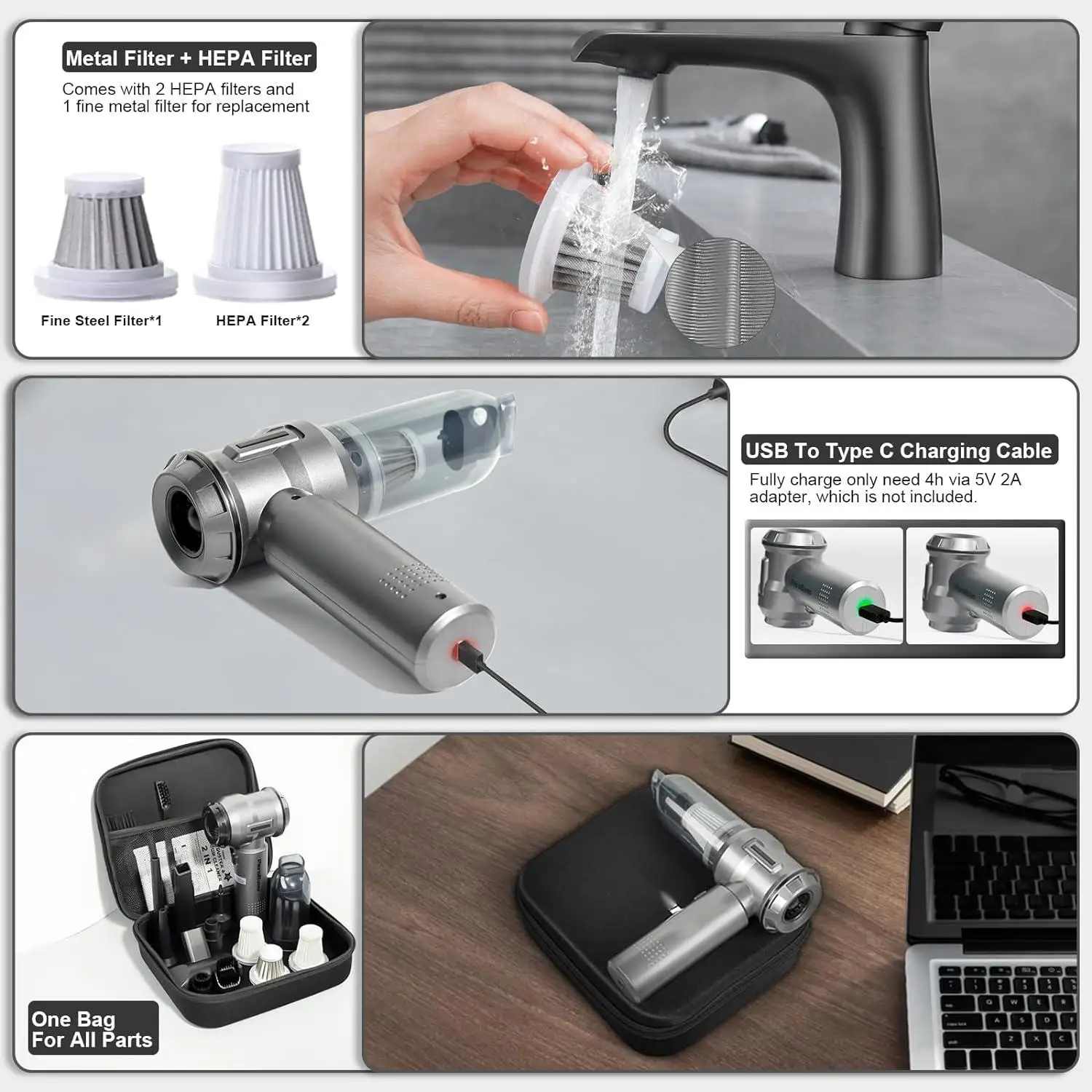 Portable Mini ABS Vacuum Cleaner Multifunctional Wireless with Strong 15000pa Power Suction for Car Interior Cleaning