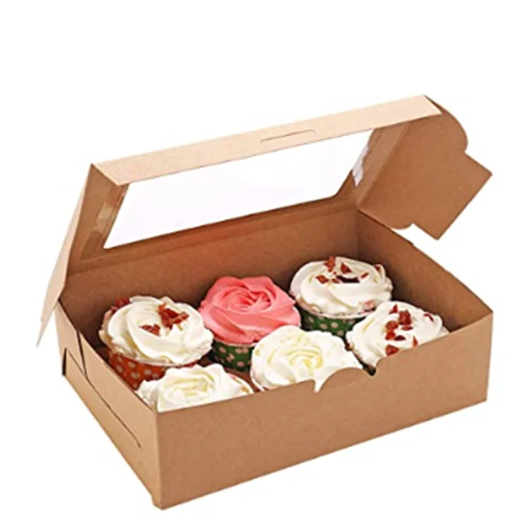  6 cavity Kraft Paper Cupcake Boxes nice Chocolate packing box with Clear Windows Containers Carriers