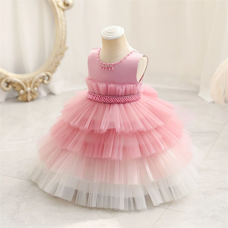 Newborn Baby Girls Color Block Cake Puffy Dress Toddler Baby Girl 1st Birthday Prom Gown Princess Dinner Party Formal Dresses