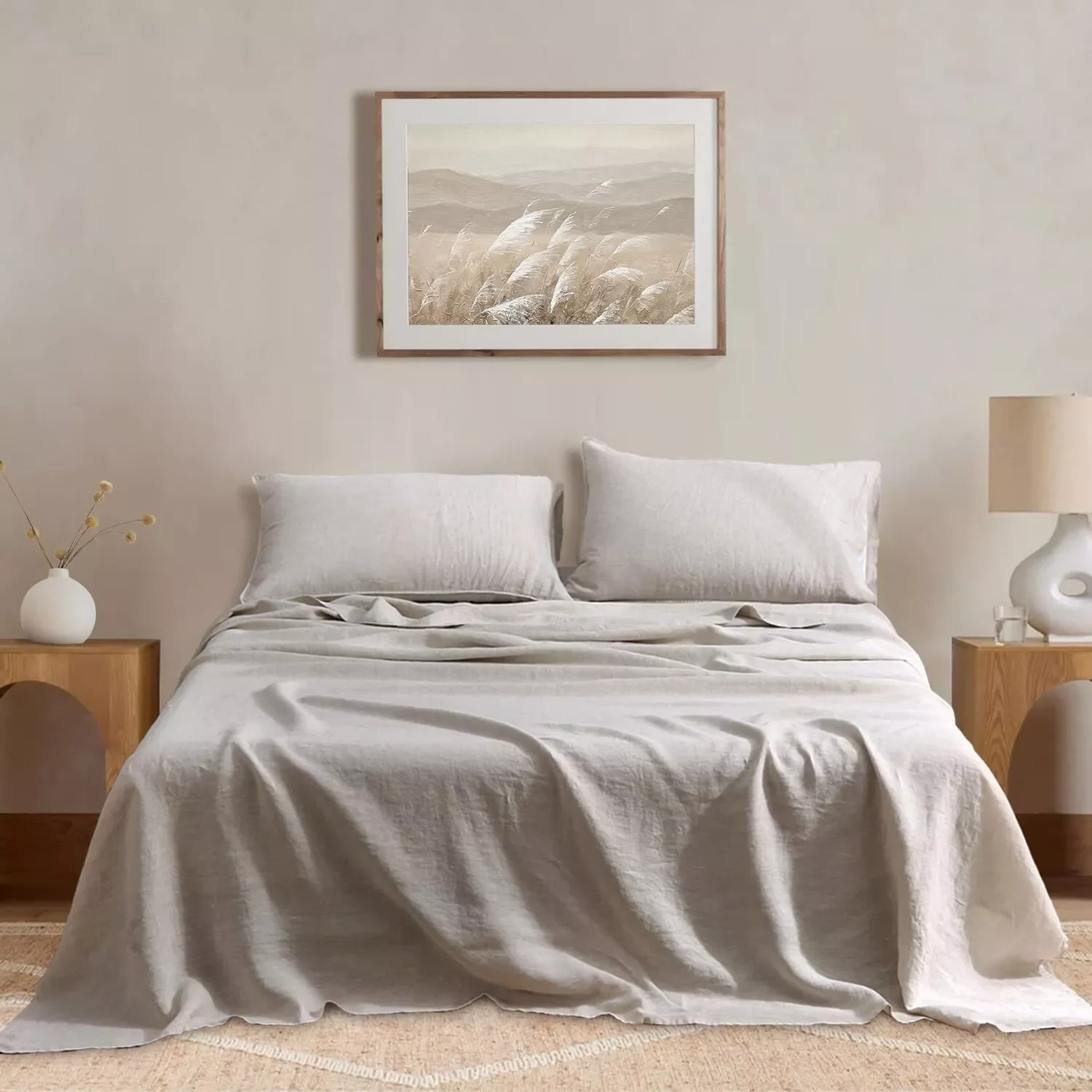 VICTORY SYMBOL 100% French Linen Bed Sheets Full Size Stone Washed Flax 4PC Sheets Set