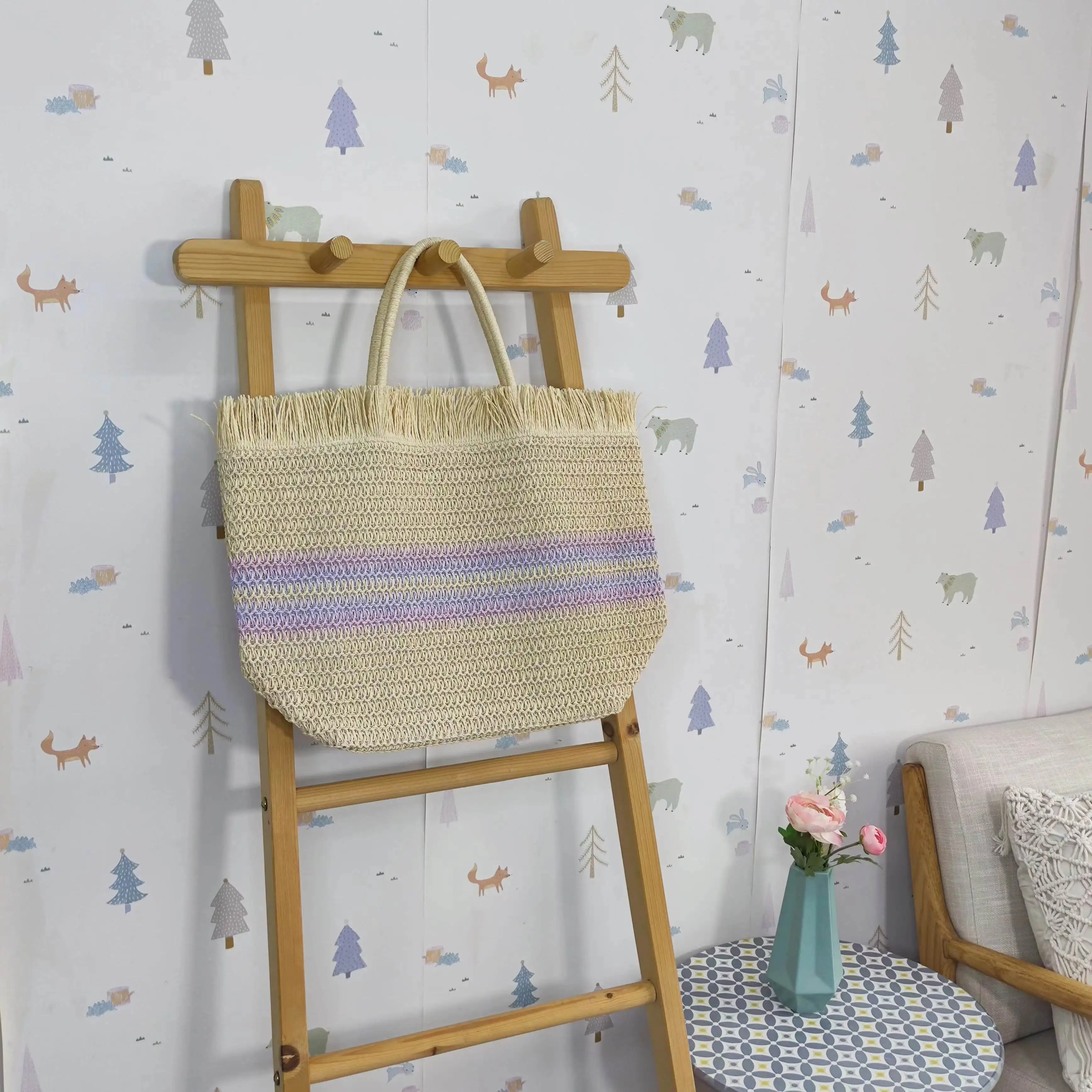 New Style Colorful Large Capacity Paper Fashion Tassel Streaks Straw Woven Handbag Tote Bag