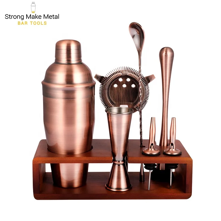 Professional Barware Tools Wooden Stand Brass Copper Bar Accessories Stainless Steel Bartender Kit Jigger Cocktail Shaker Set