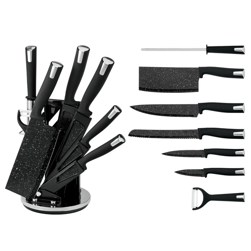 Wholesale kitchen knife set 8-piece promotional gifts stainless steel utility chef knife with holder stand and sharpener