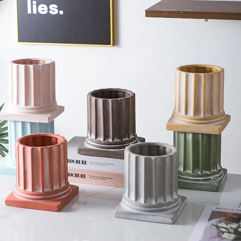 Roman Column Shape Ceramic Flowerpot With Holes Tray Decoration Vase Flower Simulation Flower Clay Pot
