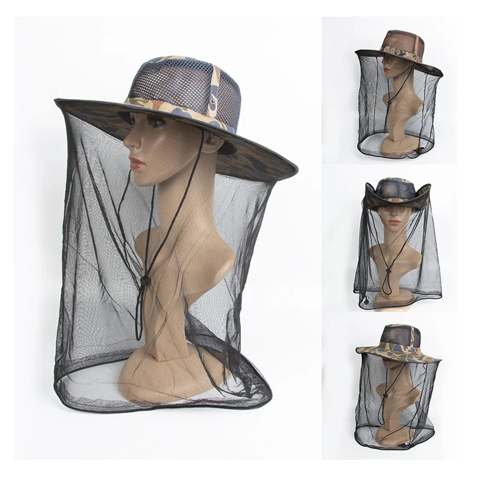 Sun bucket mesh hat outdoor night fishing hiking gardening men bucket mosquito net hat night face mask insect bee cap