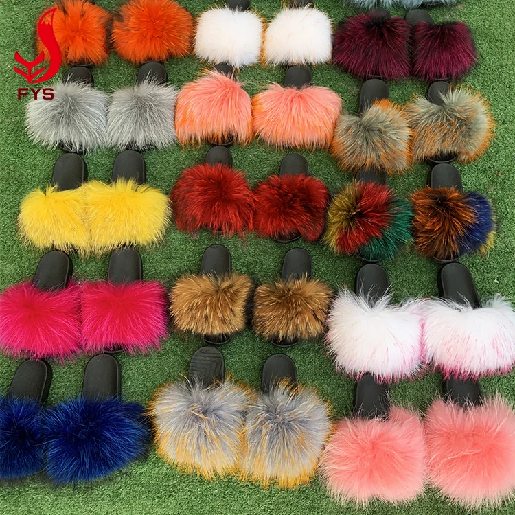 
New designer big fluffy real raccoon fur slippers sandal furry fur slides for women 