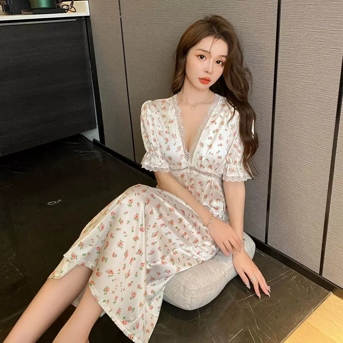 New Arrival Short Sleeves Floral Long Night Gowns Luxury Silk Satin Summer One Piece Nighty Ice Silk Pajamas for Women