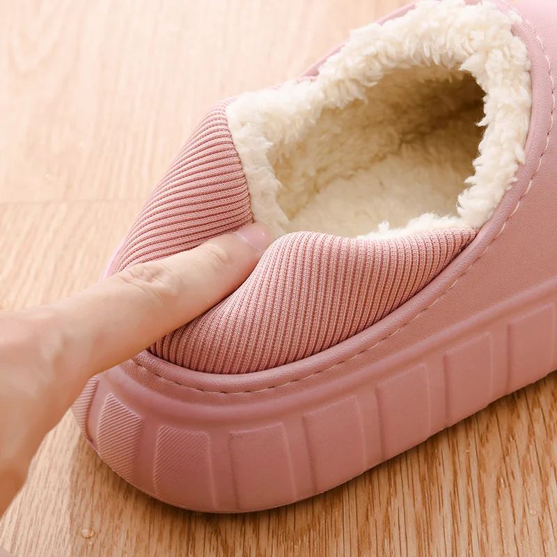 PU leather slippers couple simple floor home winter non-slip and waterproof cotton slippers for women and man