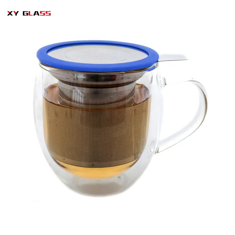 wholesale clear office use double wall with handle handmade glass tea filter mug