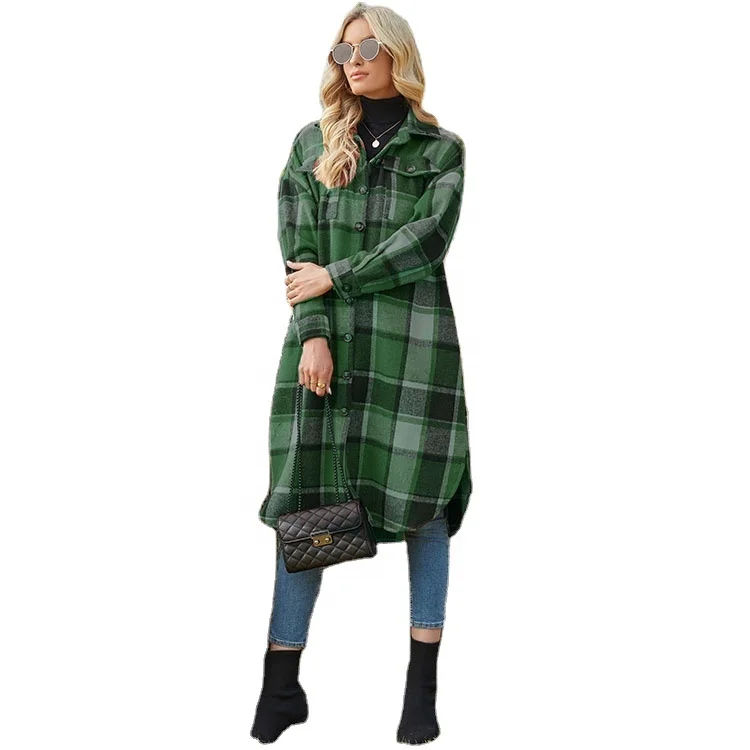 D2308  Amazon Product High Quality Low Moq Fall Casual Long Sleeve Lapel Windbreaker Plaid Women Coat