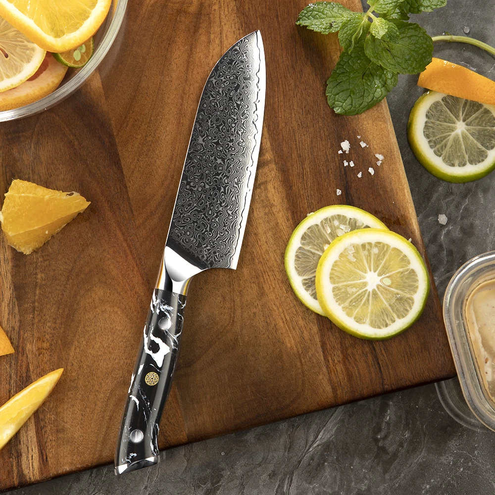 5 Inch Mini Santoku Knives Damascus Steel Professional Practical Kitchen knife with ergonomic Black Turquoise Handle