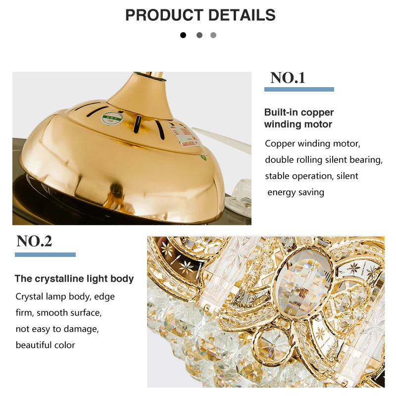 Luxury golden LED chandelier lighting remote control fancy pendant lamp home hotel modern crystal ceiling fan with light