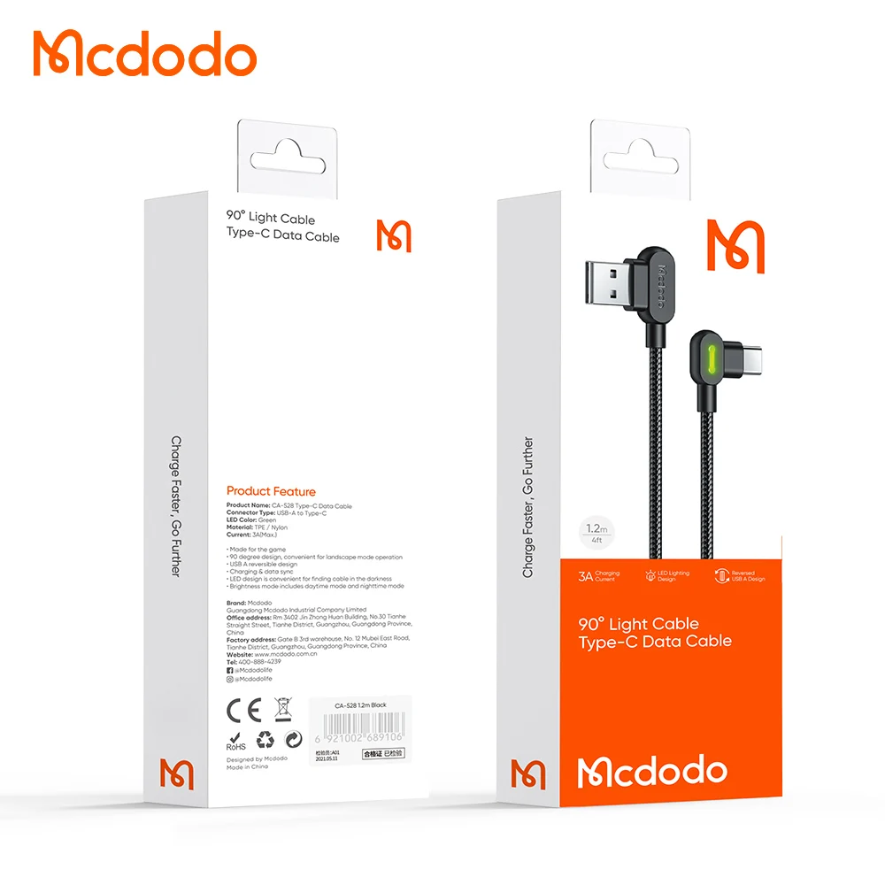 Mcdodo Usb Gaming 3.1Amp Fast Charging Cord USB-C Type C FAST Charging Sync & Charger Cable Led for Note 10 9 8 LG V50 V40 G8