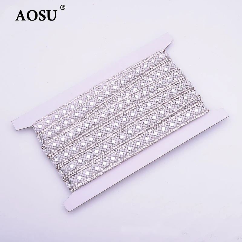 AOSU Wholesale 5 Yard*15mm Clear Color Hotfix Crystal Banding Glass Rhinestone Chain Rhinestone Trim For Dress