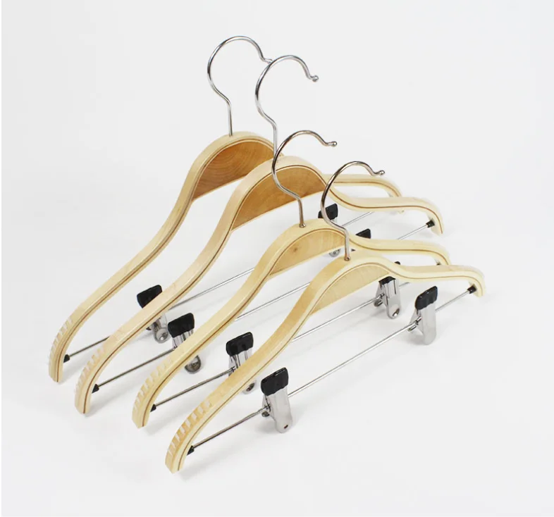Laminated fancy anti-slip wooden clothes hanger with metal clips hook