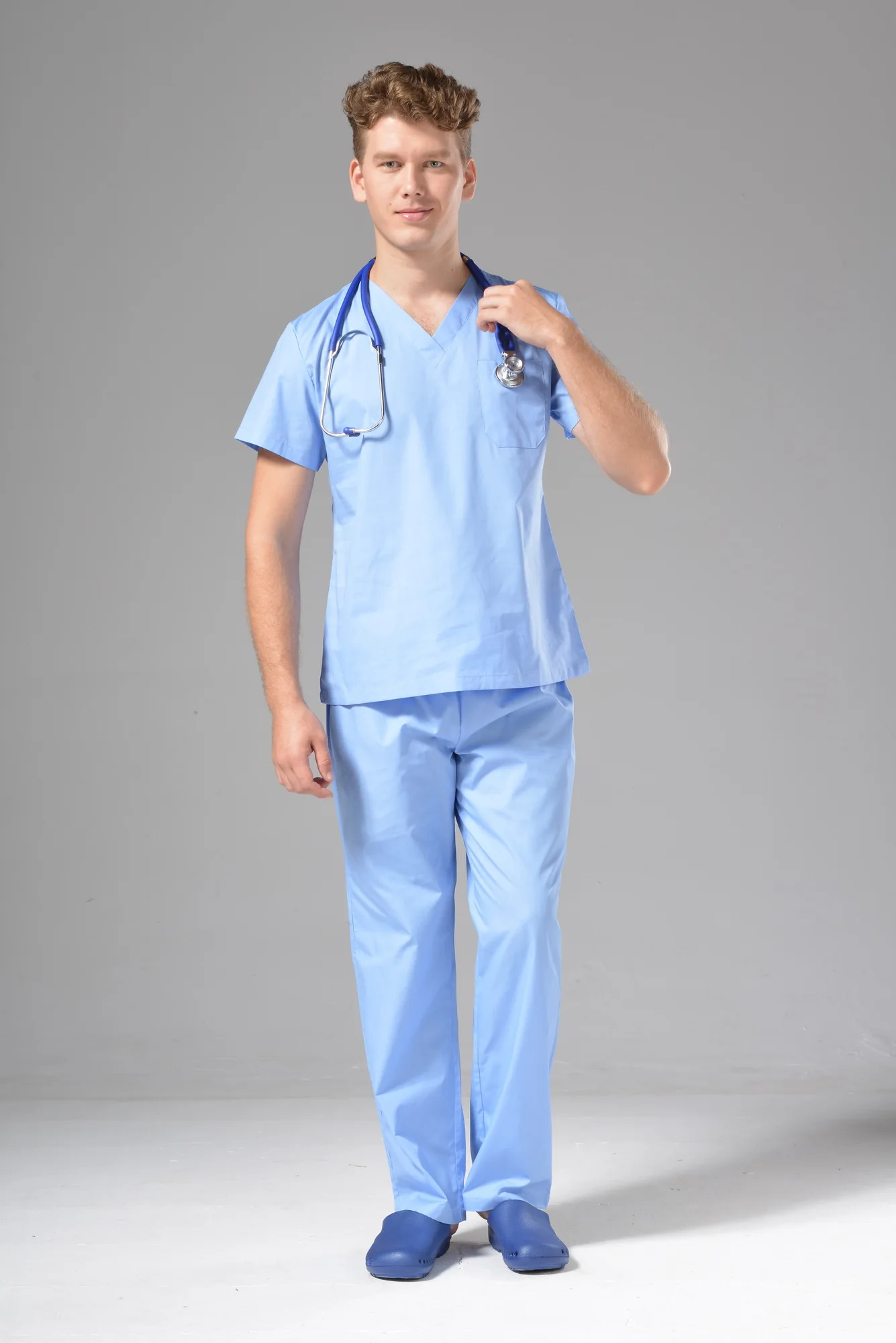 FUJU Medical Scrubs Unisex V Neck Nurse Uniform Anno Medical Scrub Uniform Cyan OEM Spandex HEN Time Lead Fabric Doctor Support