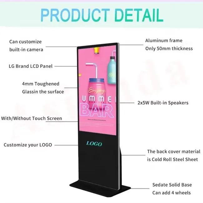 OMD OEM Digital Window Display Indoor 55 Inch Floor Stand Kiosk 4K Screen Advertising LCD Displayer Touch Screen