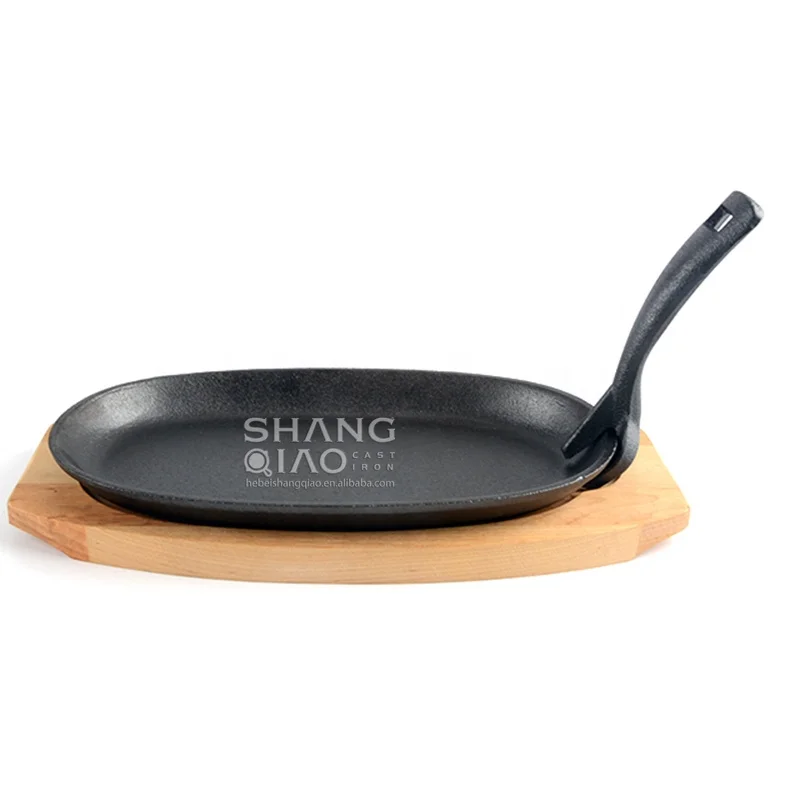 Pre-seasoned Cast Iron Sizzling Steak Plate with Wooden Base/Tray Fajita Skillet Server Plate Sizzler Pan Serving Platter