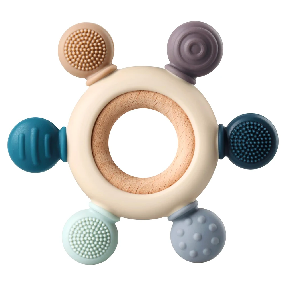 LP BPA Free Baby Teething Toys Silicone Chewable Toys with Organic Wooden Ring for Soothing Sore Gums and Sucking Needs