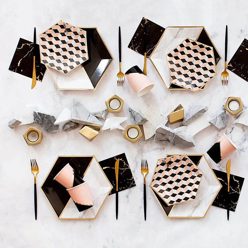 7 дюймов черный розовый Золотой посуда для дня рождения украшения для вечеринок одноразовые тарелки набор бумажных тарелок для свадьбы